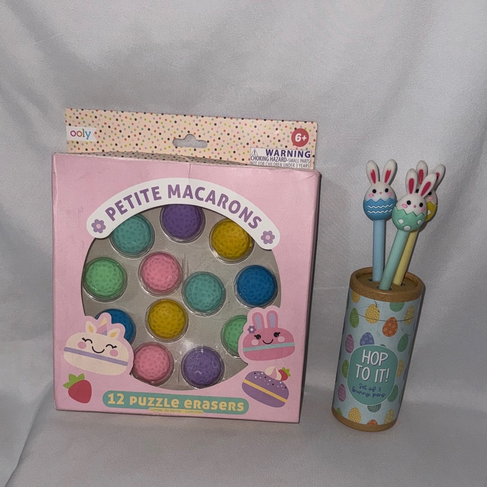 Easter Bundle 12ct Macaroons Puzzle Erasers & 3ct Bunny Pens